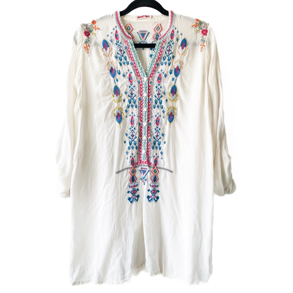 Johnny Was Womens Embroidered Rayon Tunic Top‎ M White Boho Festival Cottagecore